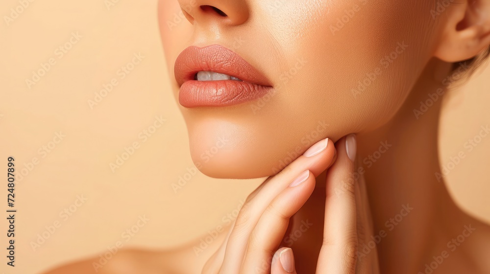 Fototapeta premium Cropped shot of a young woman suffering from jaw pain holding her chin isolated on a beige background. Inflammation of cervical lymph nodes