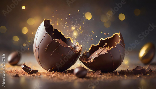 Cracked chocolate Easter egg on a dark black background photo