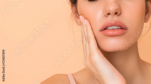 Cropped shot of a young woman suffering from jaw pain holding her chin isolated on a beige background. Inflammation of cervical lymph nodes