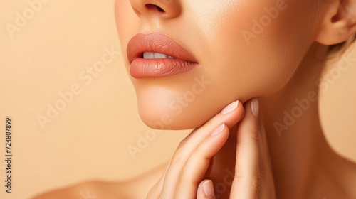 Cropped shot of a young woman suffering from jaw pain holding her chin isolated on a beige background. Inflammation of cervical lymph nodes