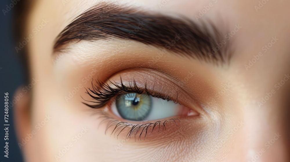 Fototapeta premium Eyebrows correction. Shape. Perfect natural eyebrows and eyelashes. Lush eyebrow. Natural make up. Beauty. Eyebrows and eyelashes close up