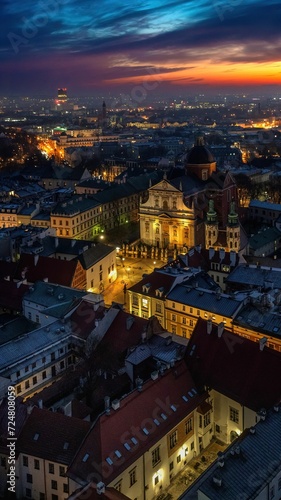 Kraków - poranny widok z drona na panoramę miasta