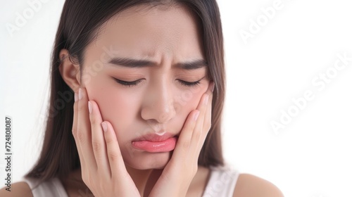 Face expression suffering from sensitive teeth and cold, asian young woman, girl feeling hurt, pain touching cheek, mouth with hand. Toothache molar tooth, dental problem isolated on white background