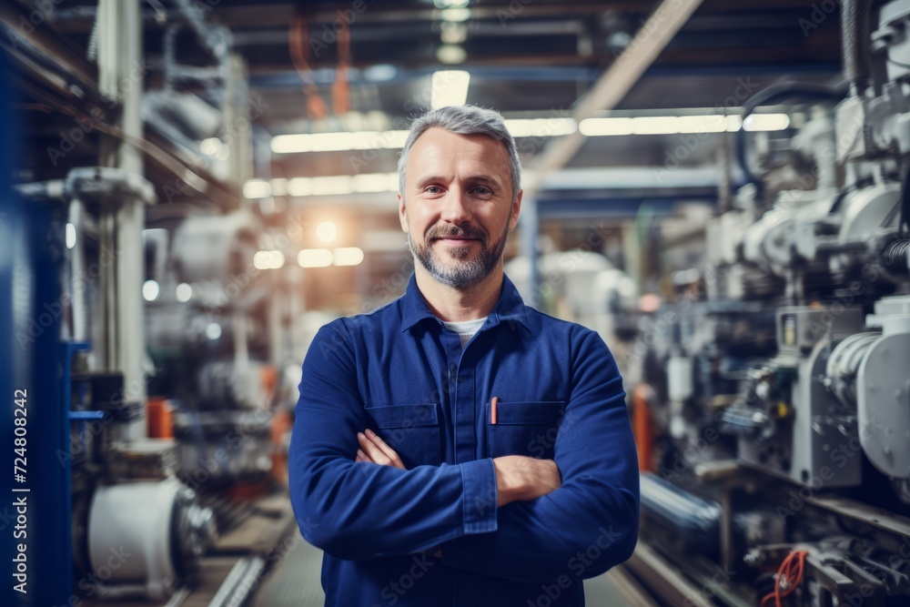A Manufacturing Engineer engrossed in the intricate details of a machine part amidst a busy factory setting A Manufacturing Engineer engrossed in the intricate details of a machine part amidst a busy factory setting