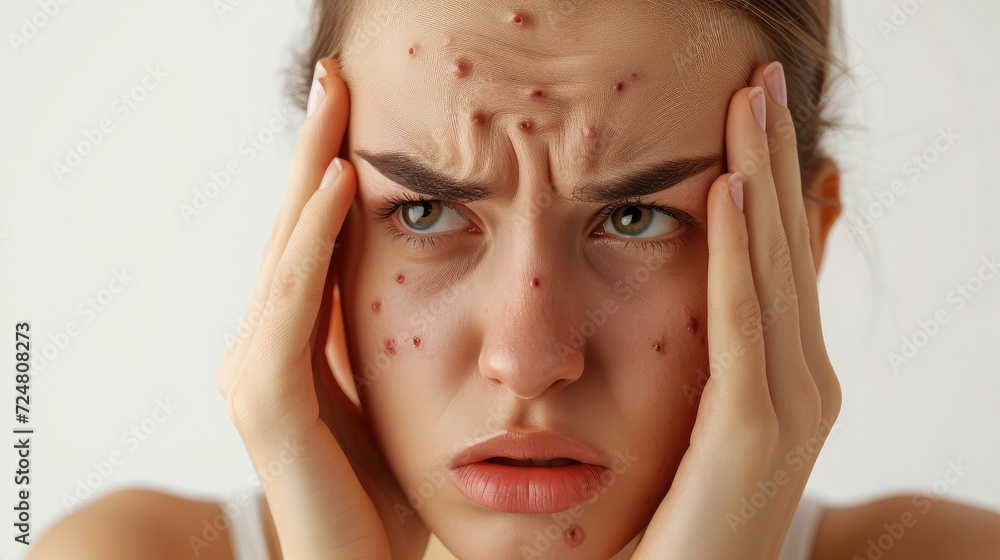 Fototapeta premium Health dermatology skin problem. Acne pimples on face skin. Caucasian sad woman looking for wrinkles on her face isolated in white background.