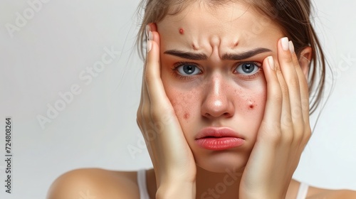 Health dermatology skin problem. Acne pimples on face skin. Caucasian sad woman looking for wrinkles on her face isolated in white background.