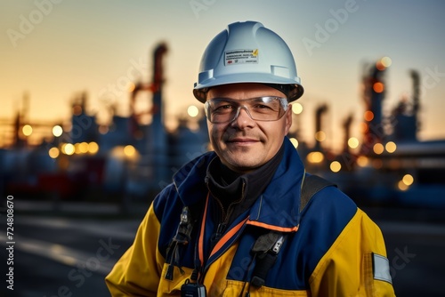 Under the golden sky: A Refinery Operator in his protective gear, amidst the industrial landscape