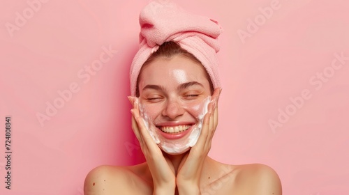 Photo of happy attractive lady touch cheeks wash face applying peeling cream on pastel color background