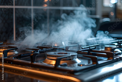 Gas stove in smoke. Concept of reducing gas use to reduce emissions into the atmosphere