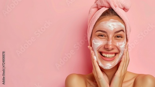Photo of happy attractive lady touch cheeks wash face applying peeling cream on pastel color background