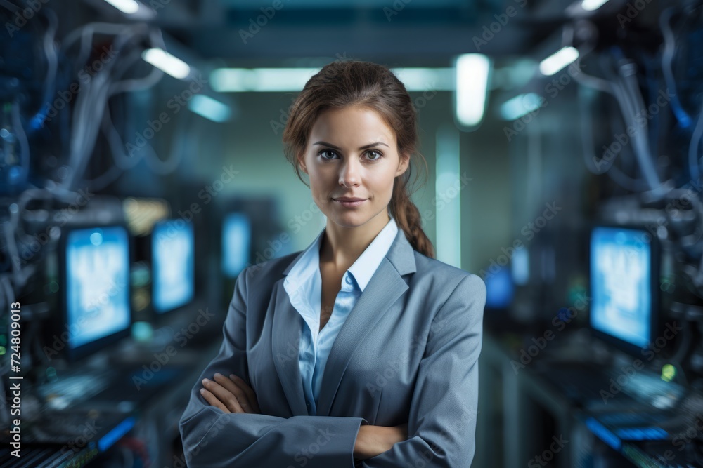 Professional Woman in Electrical Engineering Posing in a State-of-the-Art Tech Lab Professional Woman in Electrical Engineering Posing in a State-of-the-Art Tech Lab