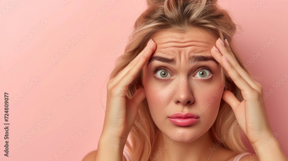 Portrait of upset lady touch fingers forehead look wrinkles apply anti aging lotion isolated pastel color background