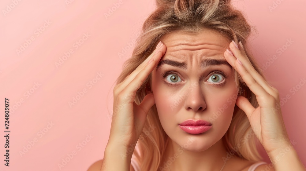 Portrait of upset lady touch fingers forehead look wrinkles apply anti aging lotion isolated pastel color background Portrait of upset lady touch fingers forehead look wrinkles apply anti aging lotion isolated pastel color background