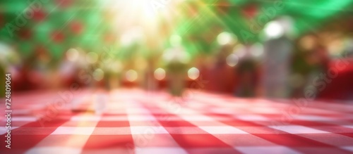 table decorated with checkered cloth on top of outdoor background photo