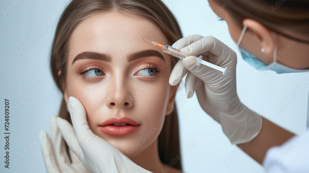 Portrait of young Caucasian woman getting botox cosmetic injection in forehead. Beautiful woman gets botox injection in her face. Portrait of young Caucasian woman getting botox cosmetic injection in forehead. Beautiful woman gets botox injection in her face.
