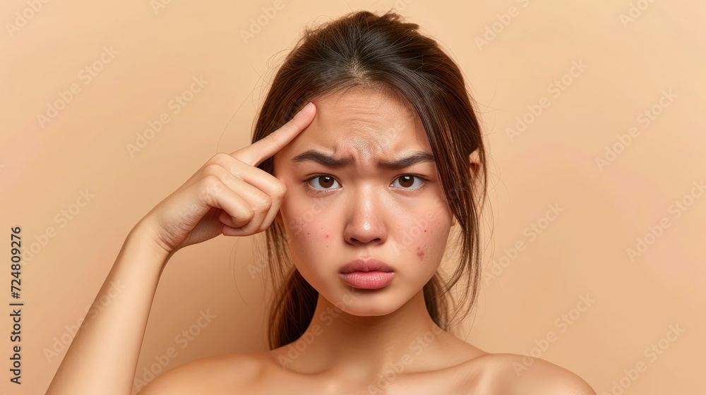Problem skin concept. Upset asian girl with nude shoulders, with problem skin, pointing finger at pimple on forehead while standing over isolated beige background, Problem skin concept. Upset asian girl with nude shoulders, with problem skin, pointing finger at pimple on forehead while standing over isolated beige background,