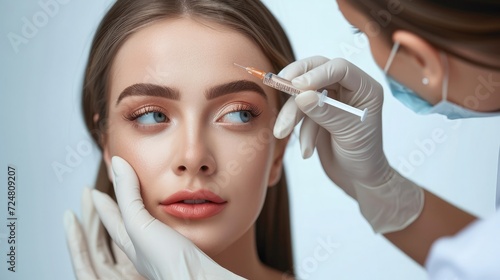 Portrait of young Caucasian woman getting botox cosmetic injection in forehead. Beautiful woman gets botox injection in her face.