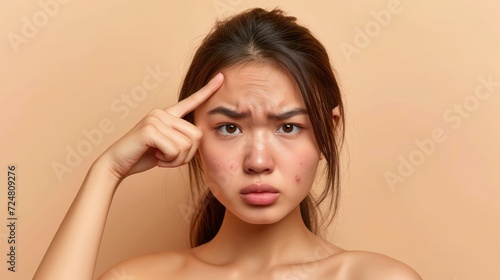 Problem skin concept. Upset asian girl with nude shoulders, with problem skin, pointing finger at pimple on forehead while standing over isolated beige background,