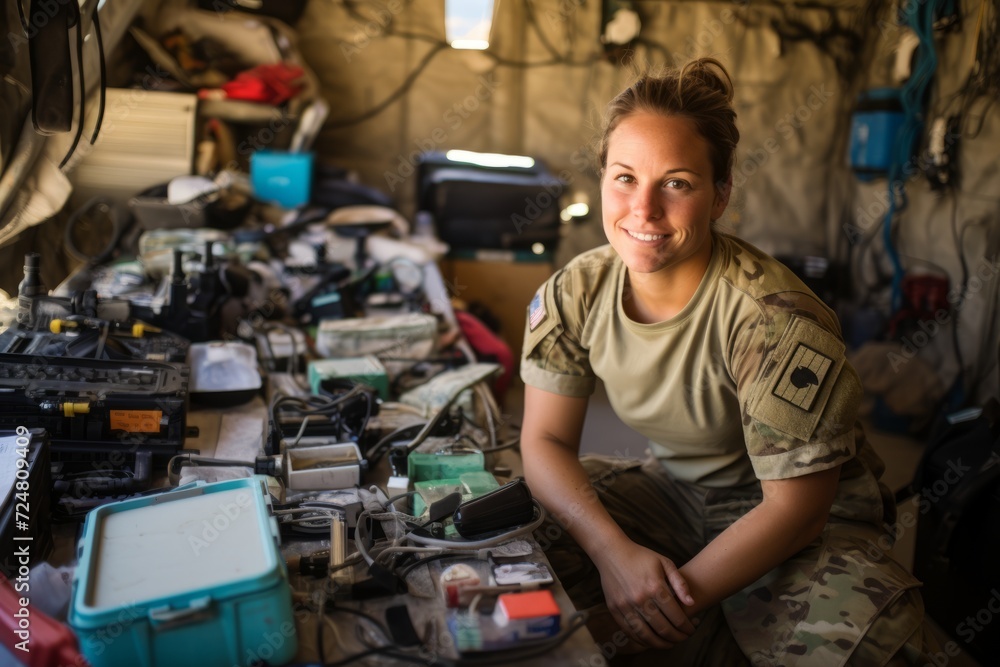 A Glimpse into the Life of a Female Field Medic Trainer, Surrounded by Her Tools of Trade in a Field Hospital A Glimpse into the Life of a Female Field Medic Trainer, Surrounded by Her Tools of Trade in a Field Hospital