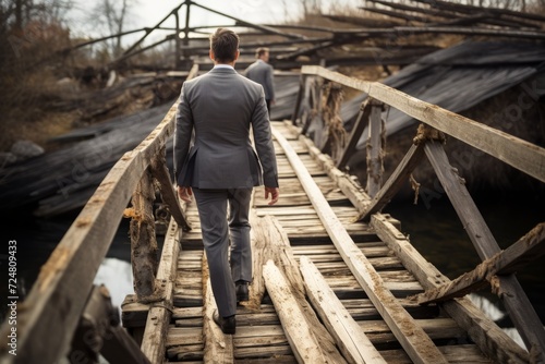 A business visionary in a sharp suit, navigating across an old wooden bridge, embodying the spirit of entrepreneurial resilience