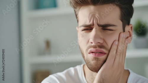 Tooth ache concept. Indoor shot of young male feeling pain, holding his cheek with hand, suffering from bad toothache, looking at camera with painful expression