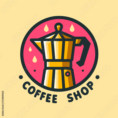  a logo for a coffee shop. It has a drawing of a stovetop espresso maker 