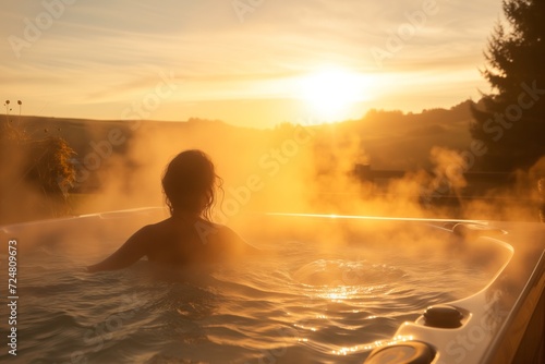woman in a hot tub with steaming water during a serene sunrise photo