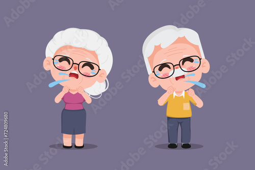 Elderly woman and elderly man Cough symptoms. Cartoon chibi cute character people vector.