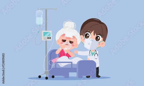 Doctor and patient elderly woman treatment in the hospital with saline bag. Cartoon chibi cute character people vector.