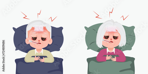 elderly woman and elderly man have fever symptoms. Cartoon chibi cute character people vector.