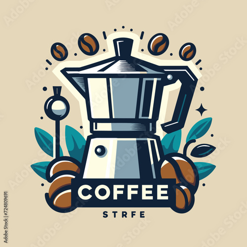  a logo for a coffee shop. It has a drawing of a stovetop espresso maker 