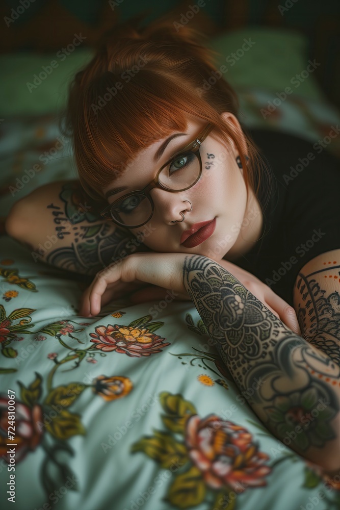 Fototapeta premium tattooed beauty girl with glasses and red hair