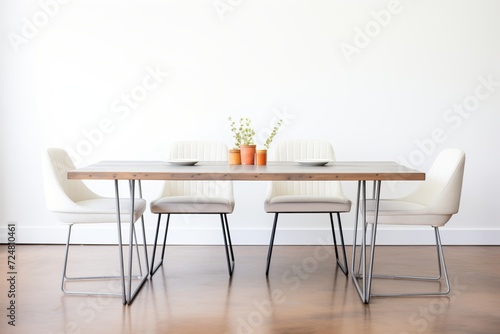 minimalist dining table with metal industrial-styled chairs