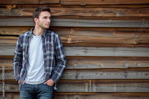 Young man leaning against wooden wall, looking away 