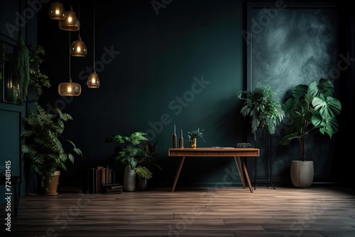 Dark room with a table and a huge house plant on the floor