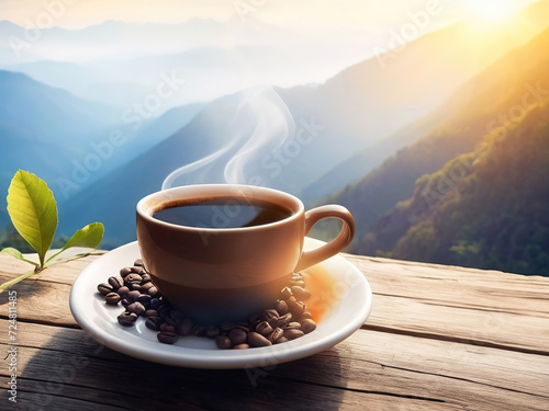 A hot cup of coffee with some smoke in the background, a mountain view, the sun rising and coffee beans lying next to it on an old wooden floor.