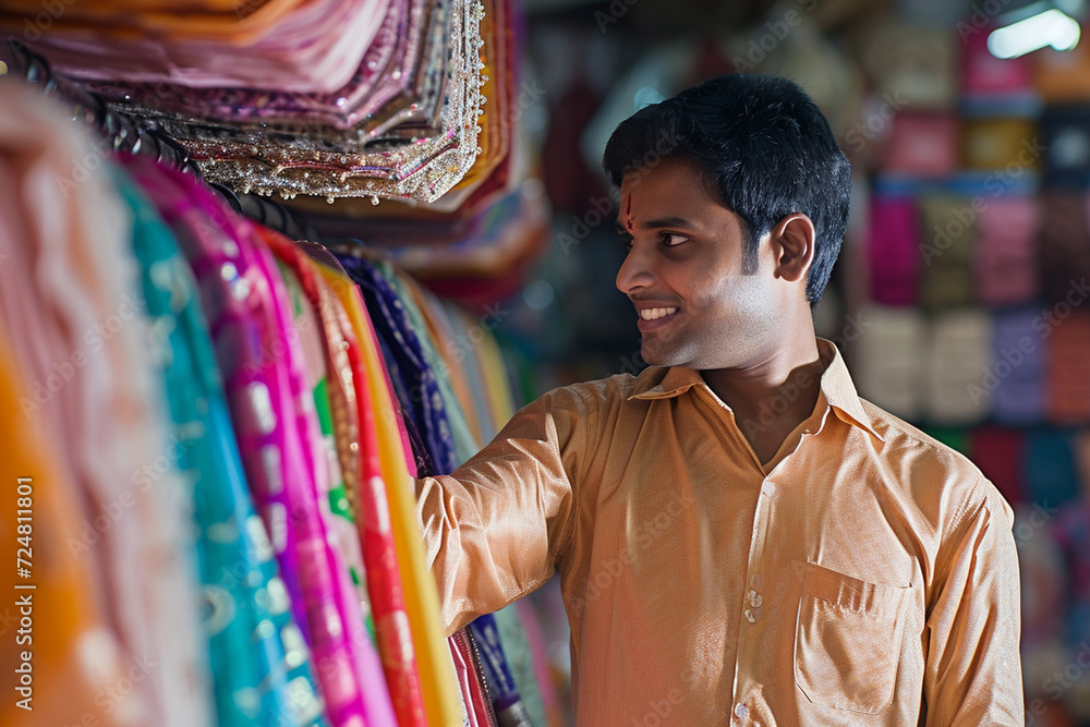 indian man shopping in the indian clothes shop bokeh style background