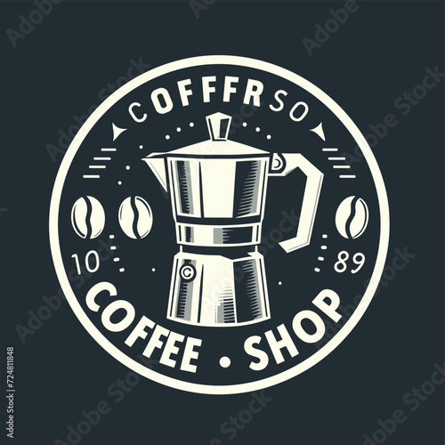  a logo for a coffee shop. It has a drawing of a stovetop espresso maker 