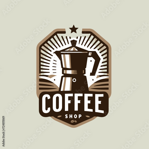  a logo for a coffee shop. It has a drawing of a stovetop espresso maker 