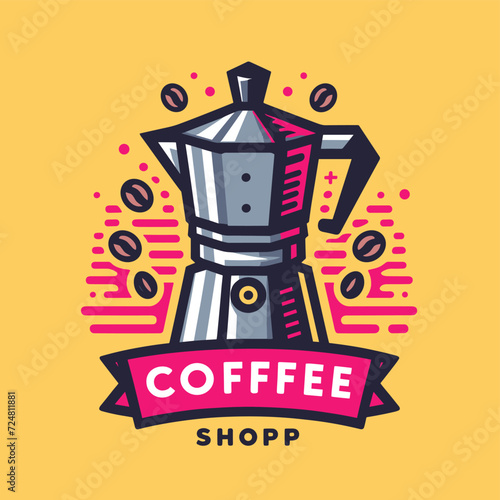  a logo for a coffee shop. It has a drawing of a stovetop espresso maker 