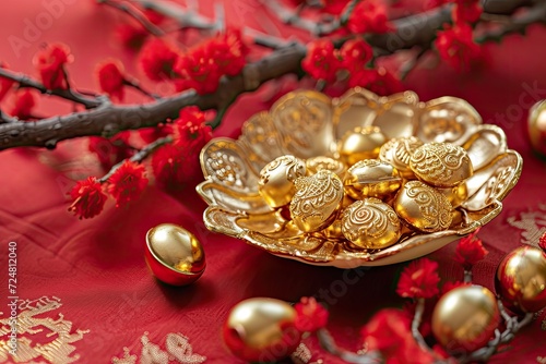Wealth of Chinese gold bars next to beautiful red flowers