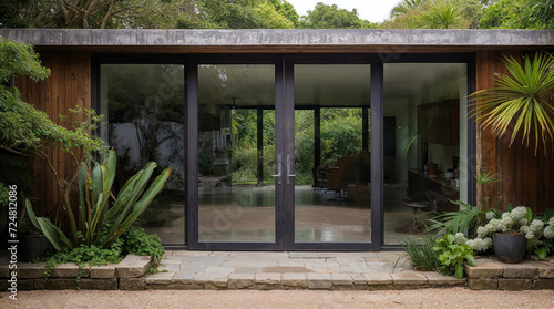 Home façade with sliding gl...