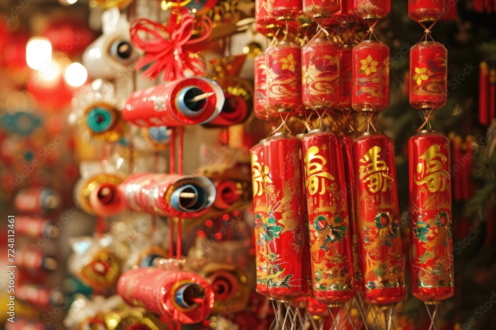 Chinese firecrackers for sale in a shop. Chinese New Year decorations and symbols.