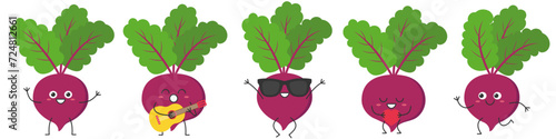 Set beet character cartoon cute emotions joy happiness smiling face jumping running loves sings vegetables beautiful vector illustration.
