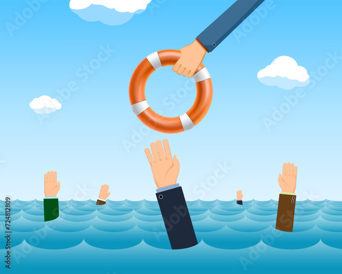 Businessman holds a lifebuoy in his hand. People reach out to the lifebuoy. Vector illustration