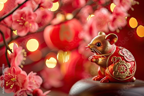 Rat zodiac statue close up in Chinese temple with beautiful pink flowers blooming in the background