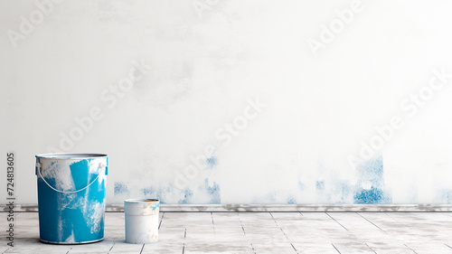 white wall painted with paint, paint bucket	
