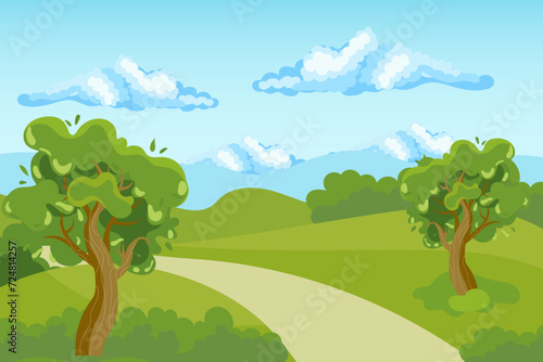 Spring landscape, country road and trees in fields and meadows on the background of the sky, clouds and sun. Illustration, background, vector