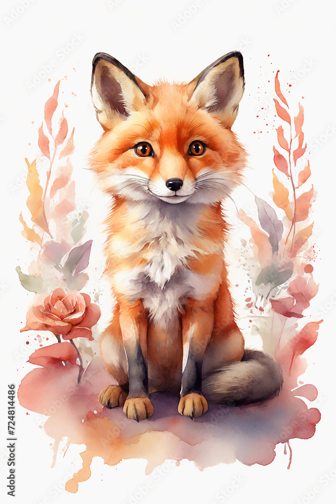 Cute fox sitting with flowers. Watercolor hand drawn illustration. Cute fox sitting with flowers. Watercolor hand drawn illustration.