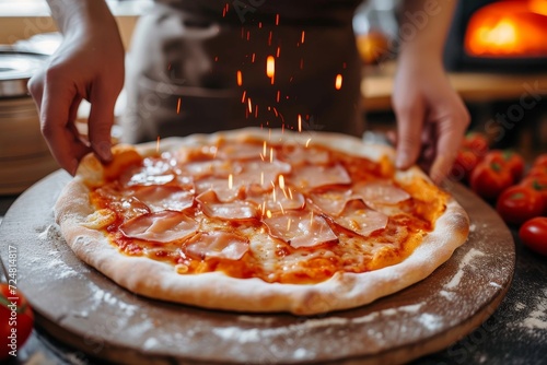 A person indulging in a mouth-watering slice of california-style pizza, adorned with gooey cheese and savory pepperoni, while basking in the comforting aroma of freshly baked goods indoors
